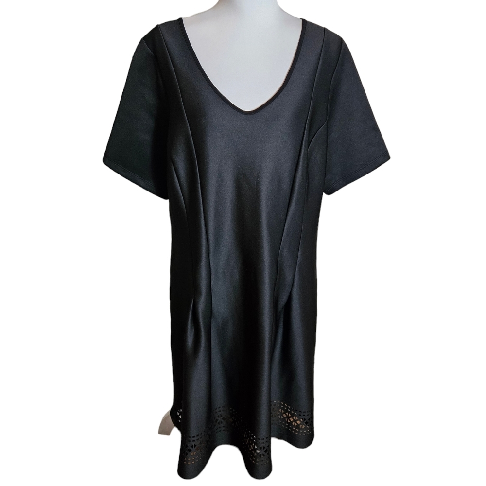 NY Collection Woman Black Scuba Dress Plus Size 1X Laser Cut Hem Midi Workwear